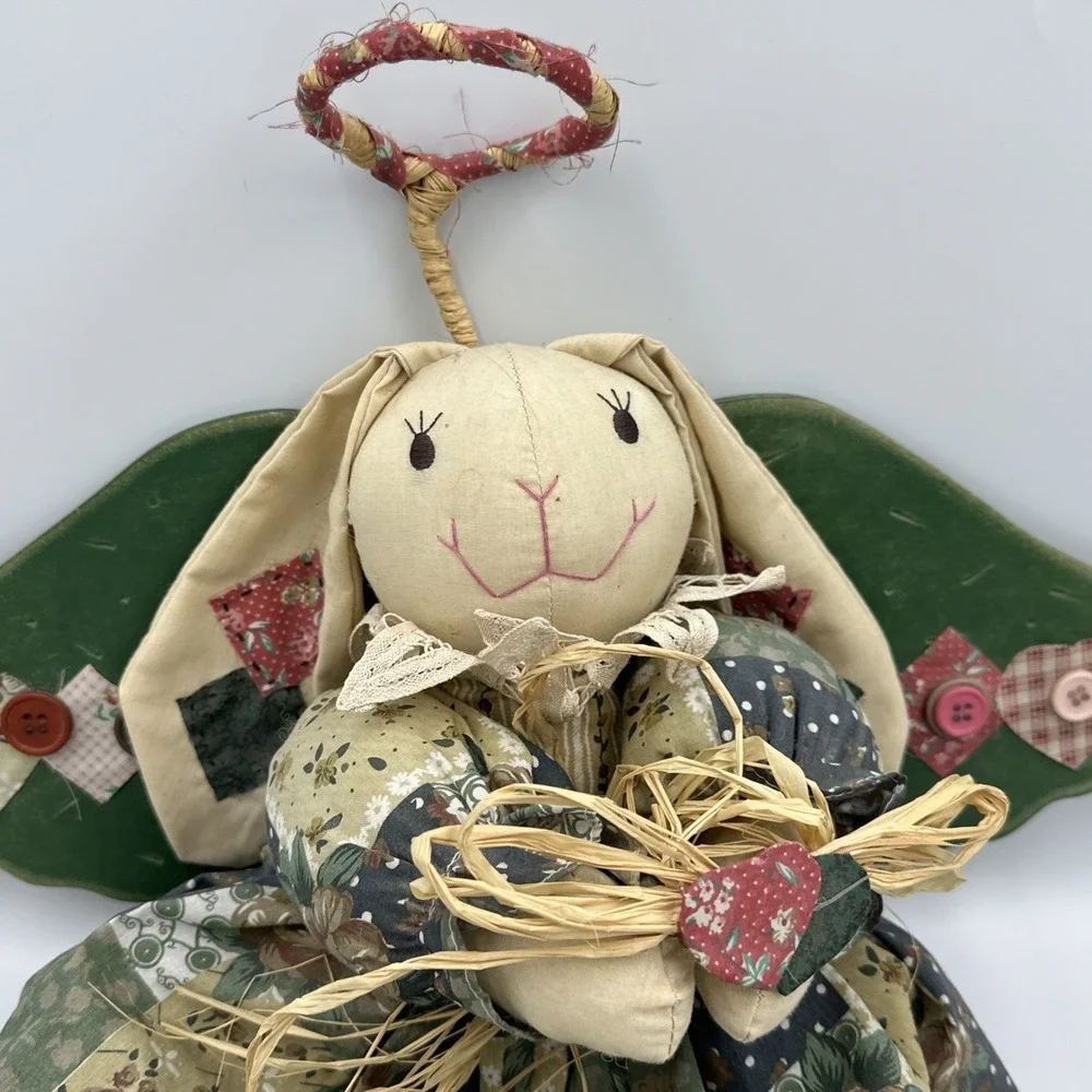 Primitive Angel BUNNY RABBIT Cloth Doll Wooden Wings Country‎ Cottage Wall Hang